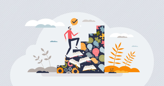 Reskilling and upskilling for personal skill development tiny person concept. Change professional future with new beginning and study for different qualification vector illustration. Reskill strategy