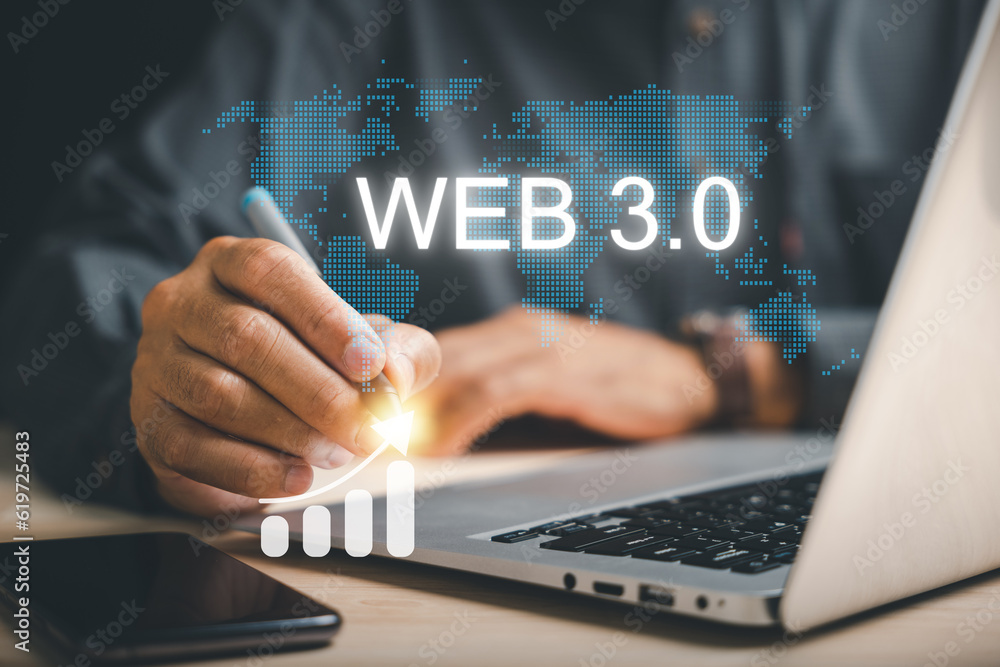 Poster in realm of web 3.0, a businessman on a laptop signifies the evolution of internet technology, embra