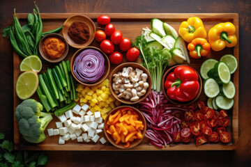 Top-down view of an array of fresh vegetables artfully arranged on a wooden cutting board. Generative AI.