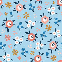 Floral seamless pattern with small abstract flowers. Cute repeat pattern on square light blue background. Vector illustration.