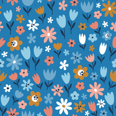 Floral seamless pattern on blue background. Repeat pattern with small abstract flowers. Square design. Vector illustration.