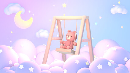 3d rendered cute bear playing on the swing at night.