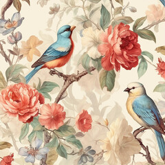 repeating pattern with birds and flowers drawing style 