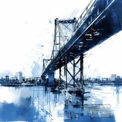 blue ink drawing of a bridge on white background