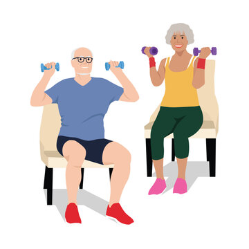 Senior elderly couple living happy active lifestyle concept. Mature aged couple grandparents cartoon characters doing workout with dumbbells and enjoying time and love together. Flat vector illustrati