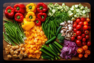 Naklejka na ściany i meble Top-down view of an array of fresh vegetables artfully arranged on a wooden cutting board. Generative AI.