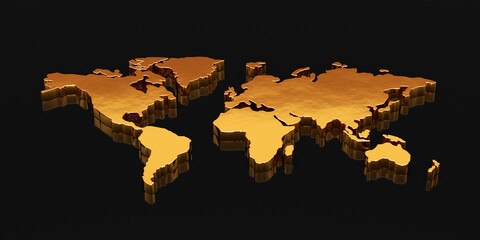 Gold earth 3d world map isolated on black background of golden land worldwide geography abstract symbol concept or global international planet globe success region business luxury continent universe. © Lemonsoup14