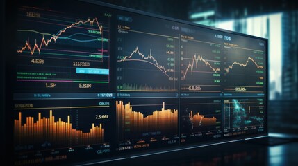 Stocks Market Graph Chart on Computer Screen, Financial Technical Analysis, Cryptocurrency Trade Exchange. Generative Ai - obrazy, fototapety, plakaty