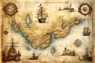 Naklejka premium Old antique nautical treasure map on white background Generative AI 