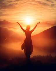 Woman yoga pose siluete in nature, sunrise. Generative AI