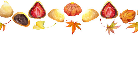 Watercolor hand drawn traditional Japanese sweets. Seamless border of autumn wagashi, maple, gingko leaves. Isolated on white background. Invitations, restaurant menu, greeting cards, print, textile
