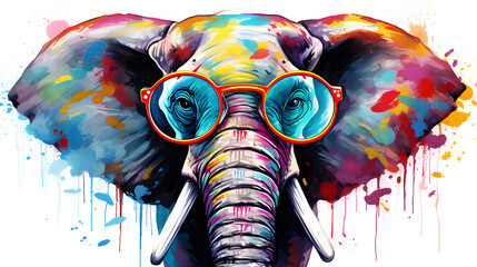 Abstract art elephant with glasses modern style. Watercolor against a white background. Generative AI