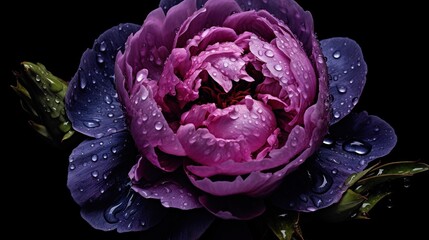 Black Peony flowers with water drops background. Closeup of blossom with glistening droplets. Generative AI