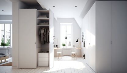 Fototapeta na wymiar beautiful white wardrobe with large windows in a loft apartment