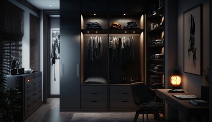 beautiful black wardrobe with large windows in a loft apartment