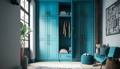 beautiful blue wardrobe with large windows in a loft apartment