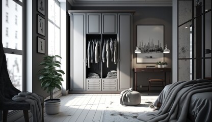 Naklejka na ściany i meble beautiful gray wardrobe with large windows in a loft apartment