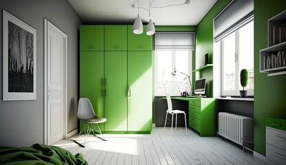 beautiful green wardrobe with large windows in a loft apartment