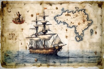 Old antique nautical treasure map on white background Generative AI 