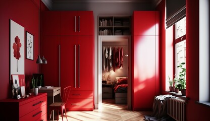 beautiful red wardrobe with large windows in a loft apartment
