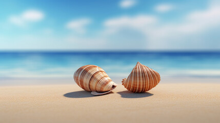 Fototapeta na wymiar two sea shells on the beach rendering minimal background