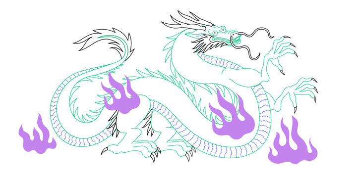 Modern trendy dragon drawing in line art style for chinese new year celebration decoration. Green dragon in asian, japanese or chinese traditional drawing. Vector illustration in tattoo outline style