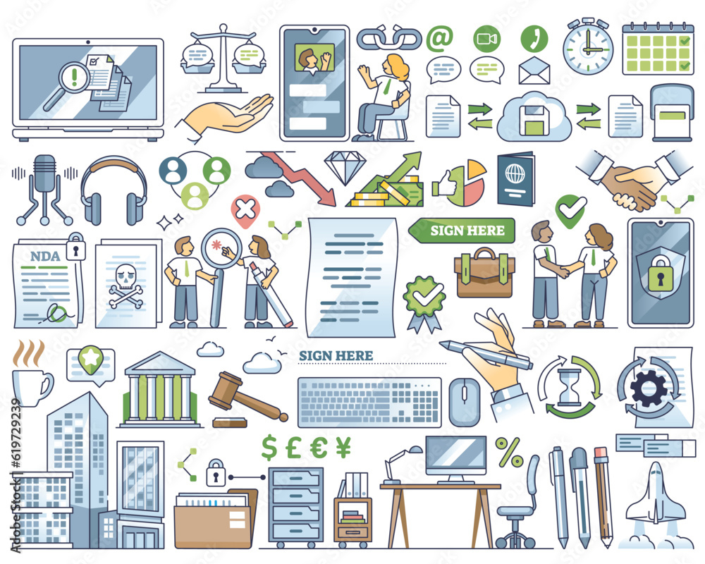 Poster contract management and business negotiation process outline collection set. elements with deal clos