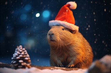 Cute capybara in santa hat. Chrisrmas card. Сapybara on snow. Generative ai