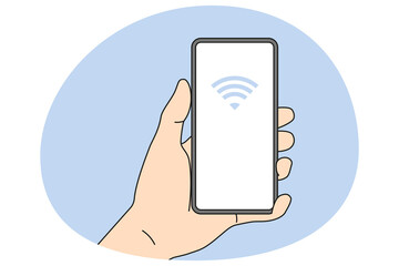 Obraz na płótnie Canvas Person holding smartphone with NFC on screen. Near field communication technology on mobile phone. NFC payment with cellphone. Flat vector illustration.