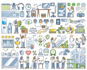 Employee engagement, motivation and salary reward outline collection set. Elements with business company management, loyalty or labor inspiration for effective and productive work vector illustration