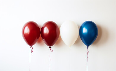 metallic four American Tricolor Balloons red white blue on white wall. america independece day, election concept