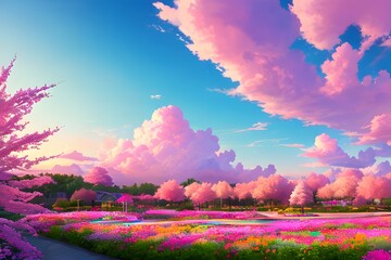 An idyllic fantasy landscape in pink tones full of flowers. Generative Ai illustration.