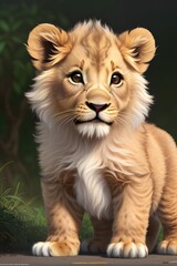 Fototapeta premium A cute adorable baby lion cub generative ai rendered in the style of children-friendly cartoon animation fantasy style.