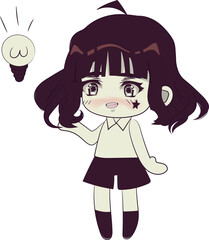 Cute chibi girl with short dark haier. Original retro style character