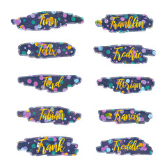 boy names that start with letter F, Finn, Franklin, Felix, Frederic, Ford, Florian, Fabian, Francis, Frank, Freddie, printable stickers, gift tags, labels - obrazy, fototapety, plakaty