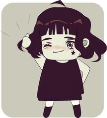 Cute chibi girl with short dark hair. Retro style original character