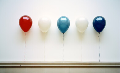 five American Tricolor Balloons red white blue on white wall. america independece day, election concept
