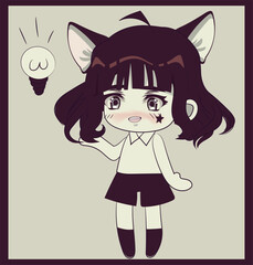 Cute chibi girl with cat ears and short dark hair . Retro style original character. Cat woman