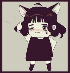 Cute chibi girl with cat ears and short dark hair.  Retro style original character, Cat woman