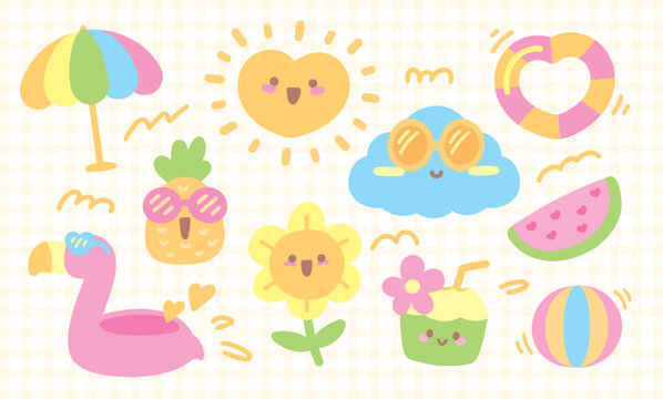 cute kawaii hand drawn graphic element vector set in summer theme for decorating your artwork
