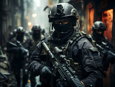 special forces squad with tactical gear, M4 rifles Generative AI