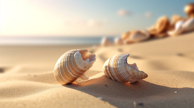 two sea shells on the beach rendering minimal background