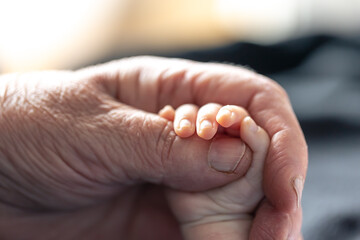Hands of senior person and little baby close up.