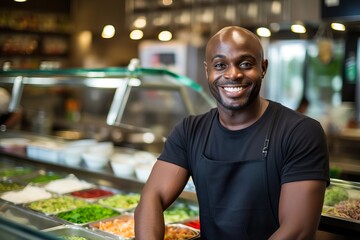 Fototapeta premium A proud small business owner at a vibrant fast food counter. Generative AI.
