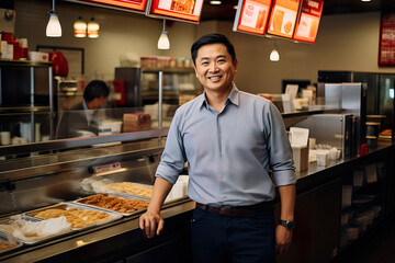 A proud small business owner at a vibrant fast food counter. Generative AI.