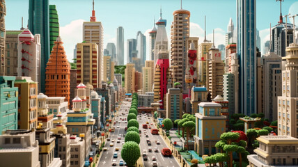 Obraz premium skyscrapers, city, cars, road, trees, AI generated.