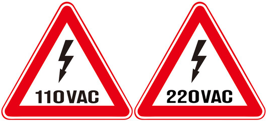 Two signs that alerts high voltage of 110v and  220v.  - obrazy, fototapety, plakaty