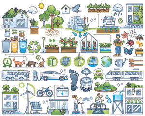 Fototapeta Green infrastructure and smart, eco friendly lifestyle outline collection set. Elements with sustainable living, renewable resources usage, water saving and ecological EV power vector illustration. obraz