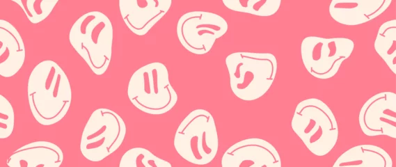 Gordijnen Vector illustration. Funny smiling happy face. Cartoon style. Seamless pattern. Smiley on a pink background. Fashion character doodle wallpaper. Suitable for wallpaper, cover and textile design. © TA Sydoruk