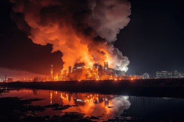 Fototapeta na wymiar View of Big explosion and fire on power plant. Generative AI